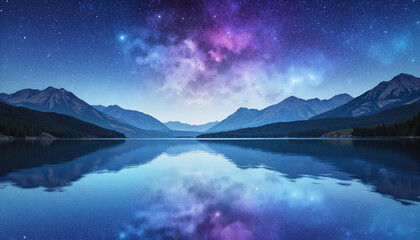 Night sky with stars and galaxy over tranquil mountain lake  