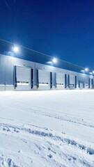 Obraz premium Snowy Warehouse with Massive Doors and Flickering Lights at Night