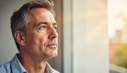 Mature man looking thoughtfully out window during sunset  