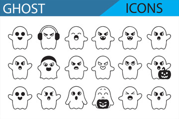 Spooky and playful ghost icons, perfect for Halloween-themed graphics, featuring different expressions and seasonal elements.