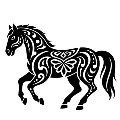 Black and White Ornate Horse Illustration, Vector Design