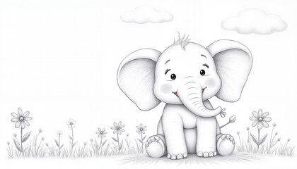 Obraz premium Cute cartoon elephant sitting among flowers with clouds in background 