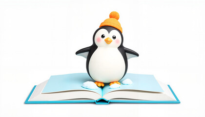 Fototapeta premium Cute penguin figurine wearing an orange hat on open children's book 
