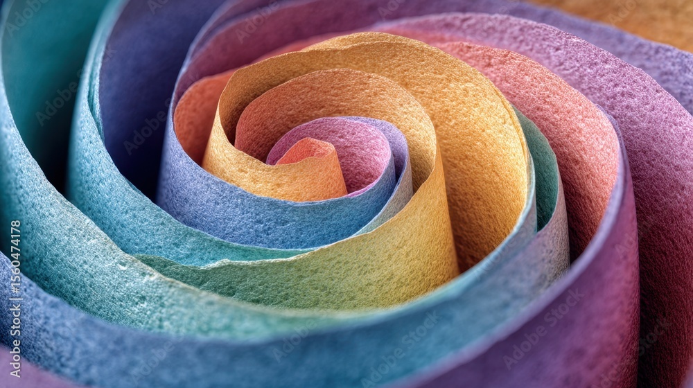 Poster close-up of pastel rainbow colored paper arranged in a swirl, creating an abstract, colorful design