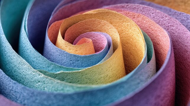 Close-up of pastel rainbow colored paper arranged in a swirl, creating an abstract, colorful design