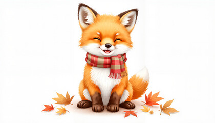 Obraz premium Cute cartoon fox smiling with autumn leaves and scarf 