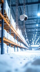 Snowy Warehouse with Giant Shelves and Security Cameras in Soft Glow