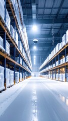 Snowy Warehouse with Giant Shelves and Soft Ambient Glow