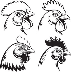 Set of four detailed chicken head silhouette vectors in varied styles for versatile use in logos, packaging, and vintage designs.