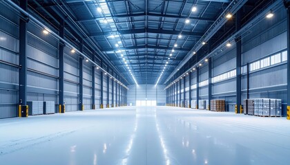 Expansive Snowy Warehouse Interior with Glass Ceiling and Lighting
