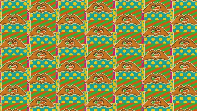 A bold and colorful animated background featuring retro pop-art heart hand signs in a vintage collage style. Designed with seamless looping, textured layers, and dynamic movement in 4K.