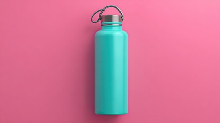 Green water bottle, with a bright pink background, flush with the eyes, no shadows, clean, professional display, perfect for advertising or packaging design.