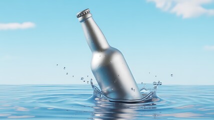 Silver bottle splashing into blue water liquid