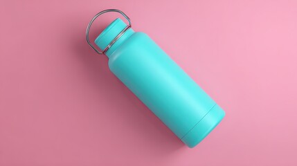 Green water bottle, with a bright pink background, flush with the eyes, no shadows, clean, professional display, perfect for advertising or packaging design.