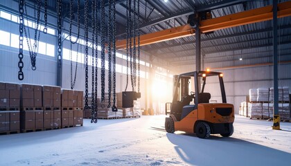 Snowy Warehouse Interior with Forklift, Chains, and Security Cameras