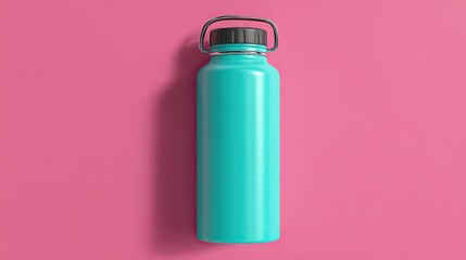 Green water bottle, with a bright pink background, flush with the eyes, no shadows, clean, professional display, perfect for advertising or packaging design.