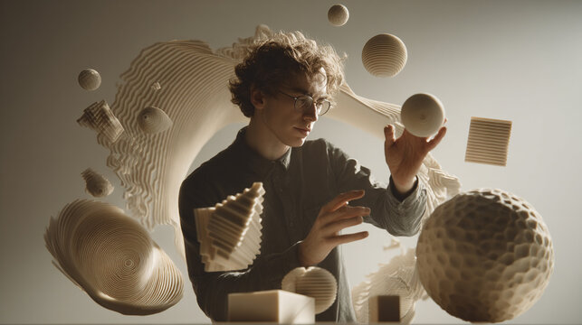 Young man sculpting a virtual object in mid-air with AI precision tools, surrounded by 3D shapes and motion grids. Solid ivory background.
