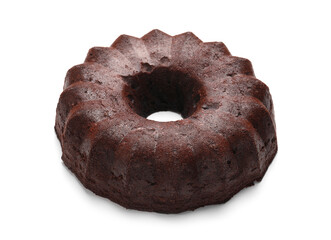 Tasty chocolate bundt cake isolated on white