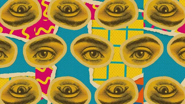 A bold and colorful animated background featuring retro pop-art cut and paste eye in a vintage collage style. Designed with seamless looping, textured layers, and dynamic movement in 4K.