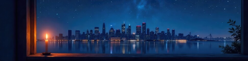 Silhouette of a city skyline at midnight, stars twinkling, a single candle burning on a windowsill, conveying a sense of hope and quiet wishes , sill, window, towers