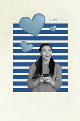 3d trendy vertical banner creative collage of happy girl guy receive like reaction popular blog...