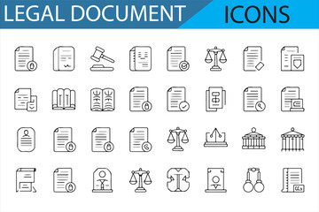 Vector symbols for legal documents, court cases, justice systems, and laws, with a focus on contract and judicial procedures.
