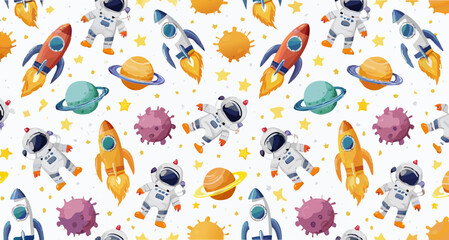 Seamless kids’ space-themed vector pattern featuring rockets, planets, astronauts, and stars 
