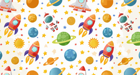 Seamless kids’ space-themed vector pattern featuring rockets, planets, astronauts, and stars 