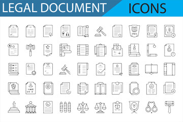 Vector icons showcasing legal paperwork, judicial systems, and court documents, including books and gavel.
