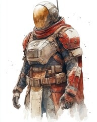 Figure of a futuristic astronaut wearing helmet and protective space suit