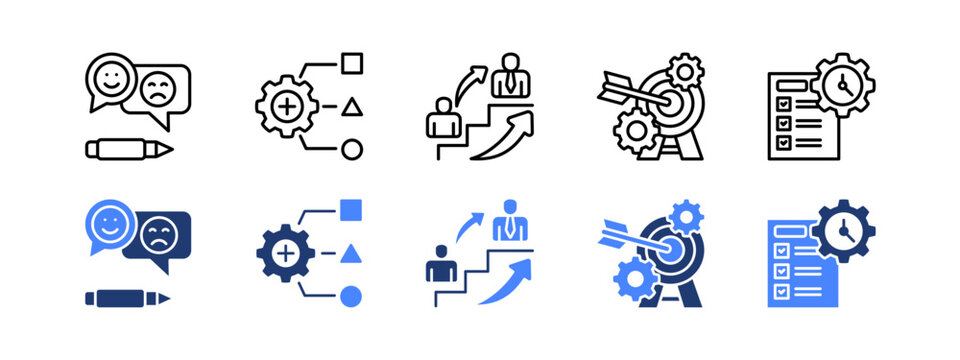Management Development Program icon set.  with Feedback, Resource allocation, Succession planning, Goal setting, Time management. editable stroke icon set.