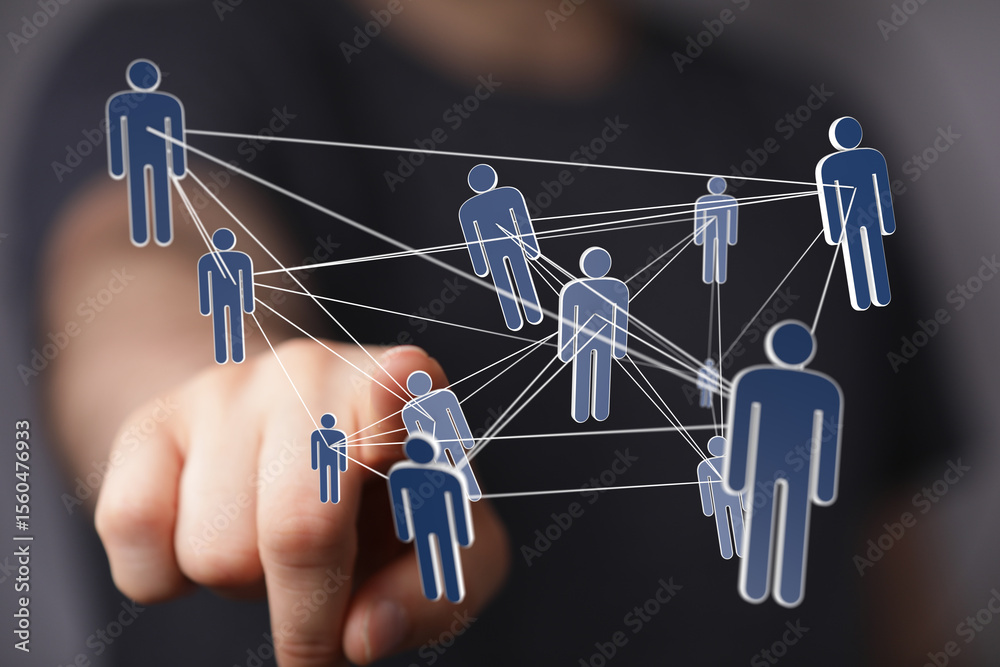 Aufkleber Image of a hand interacting with a network of interconnected people, symbolizing global connection and teamwork.