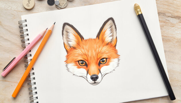 Drawing of a fox head illustration on sketchbook with pencils
