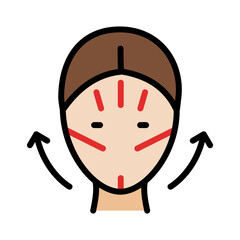 Face kinesio taping scheme. Woman with facial kinesio tapes. Elastic therapeutic tape color icon. Isolated vector illustration.
