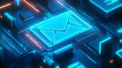 Glowing neon email icon on a futuristic circuit board.