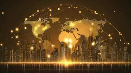 Golden networked cityscape with world map and glowing data connections symbolizing global communication - Powered by Adobe