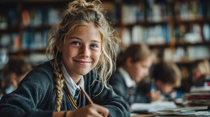 Girl in grey uniform studies in classroom writing in her notebook during the day at school with other students