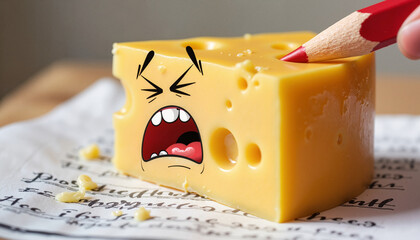 Cartoon cheese with a face getting poked by a red pencil  