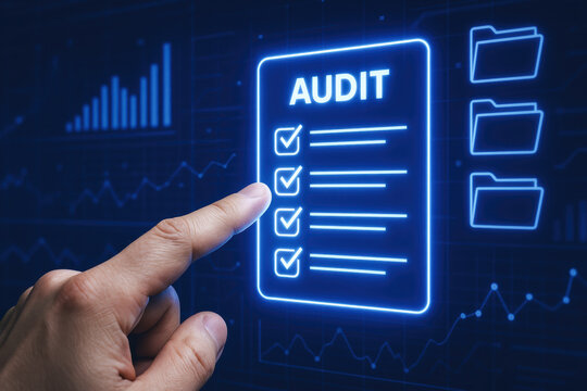 A digital interface highlights a comprehensive checklist for audit management amid data insights and file organization