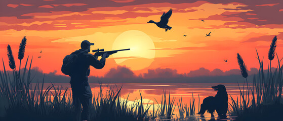 Hunter aims at ducks in the sky against a colorful sunset backdrop, with reeds, water, and a hunting dog enhancing the wilderness scene.