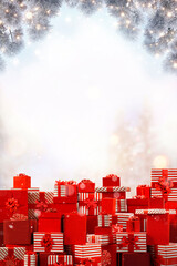 Christmas, New Year gift boxes for holidays promotions. Red and striped wrappers, lush bows.