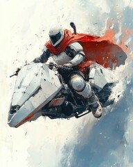 Rider in Futuristic Armor on Flying Motorcycle with Red Cape in Cloudy Sky