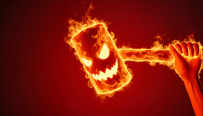 Flaming hammer with angry face held by hand in fiery background  