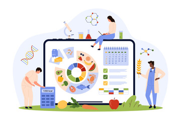 Food diary for weight loss, calorie calculator in online app. Tiny people using planner service with data charts of products on laptop screen to plan healthy daily diet cartoon vector illustration