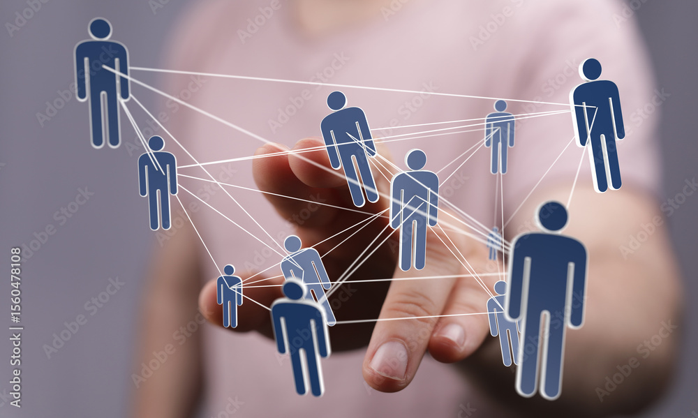 Aufkleber Image of a hand interacting with a digital network of people, representing connection and collaboration.