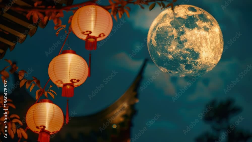 Poster a beautiful scene with a full moon shining down on some colorful lanterns, perfect for use in decora