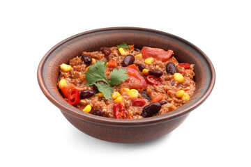 Tasty chili con carne in bowl isolated on white