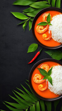 Two bowls of delicious shrimp curry with fluffy white rice are elegantly displayed with fresh basil, chili pepper, and green leaves on a dark surface background.