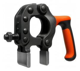 Heavy-duty metal clamp designed for reinforcing scaffolding in a construction site.