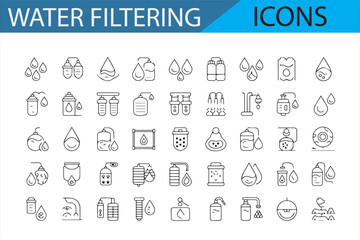 Vector icons representing water filtration, water purification, and water treatment processes in line art style, featuring bottles, filters, droplets, and laboratory equipment.